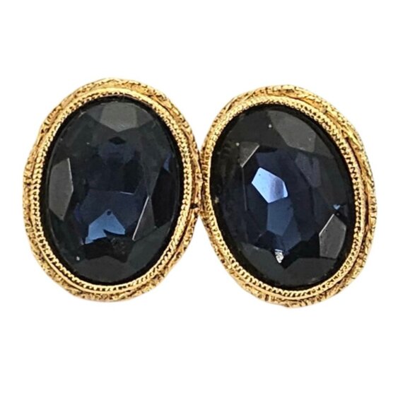 1928 Brand Gold Tone Oval Blue Faceted Lucite Post Earrings, L813 - Picture 7 of 7